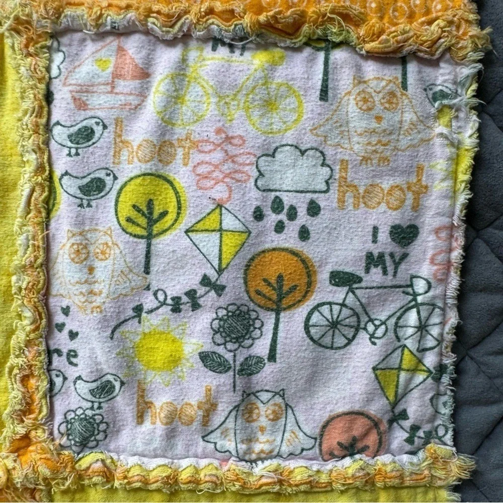 Handmade Quilt Sunny w Bike Owl Flannel Yellow Orange 62